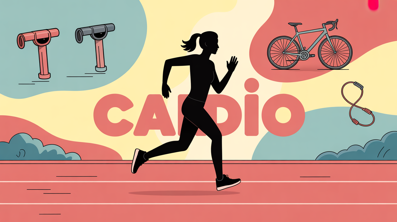 Silhouette stylisee courant avec accessoires sport et texte cardio