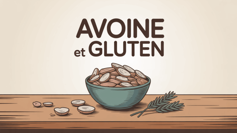 Flocons d'avoine sur table, texte avoine et gluten