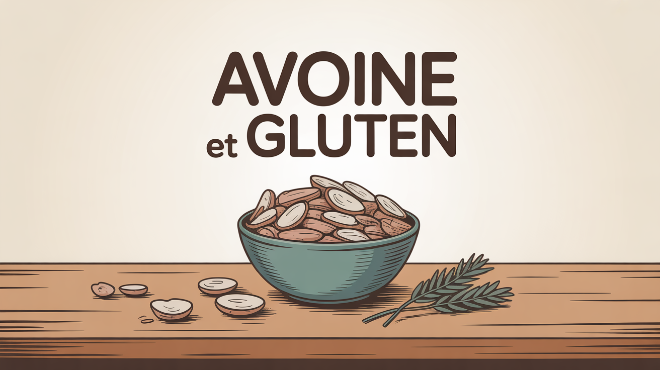 Flocons d'avoine sur table, texte avoine et gluten