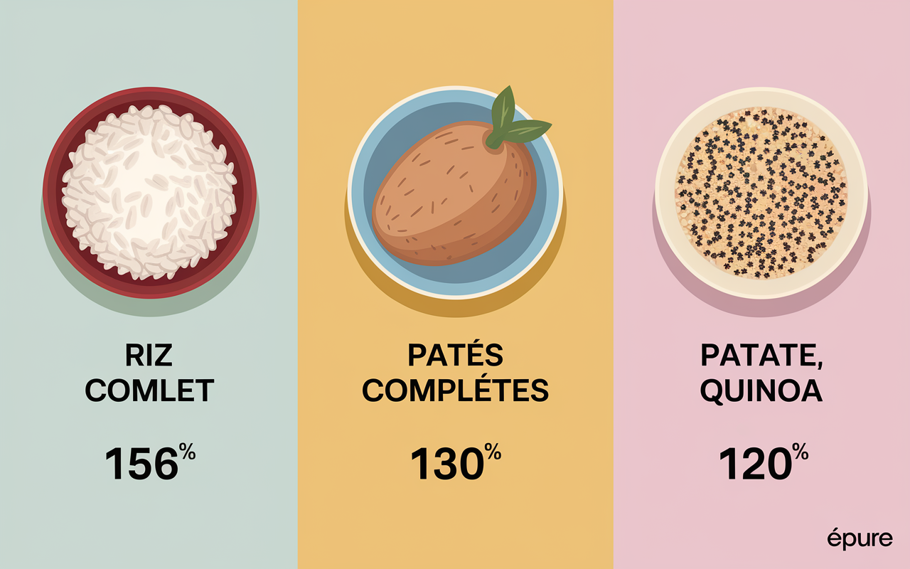 Tableau bols riz complet blanc pates quinoa patate avec calories