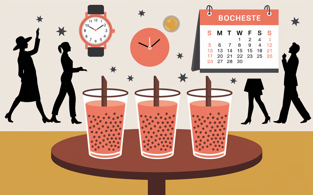 verres doses de seve bouleau, montre matin, calendrier, silhouettes, bouteilles au frais