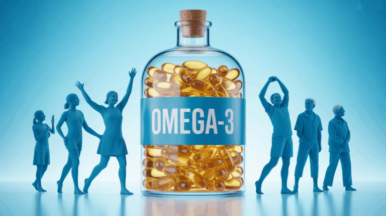 Flacon transparent huile de poissons, capsules omega-3, ambiance sante moderne