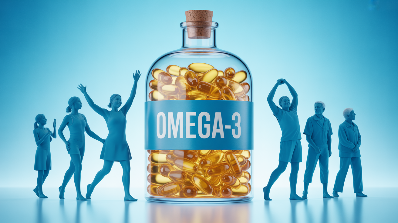 Flacon transparent huile de poissons, capsules omega-3, ambiance sante moderne