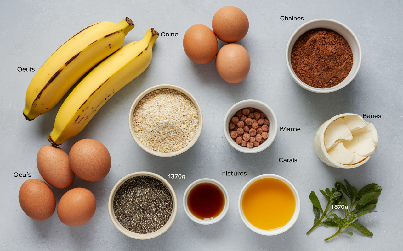 Ingrédients muffins healthy banane chocolat bien mis en valeur