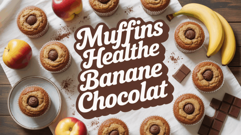 Muffins healthy banane chocolat sur table bois avec fruits et éclats