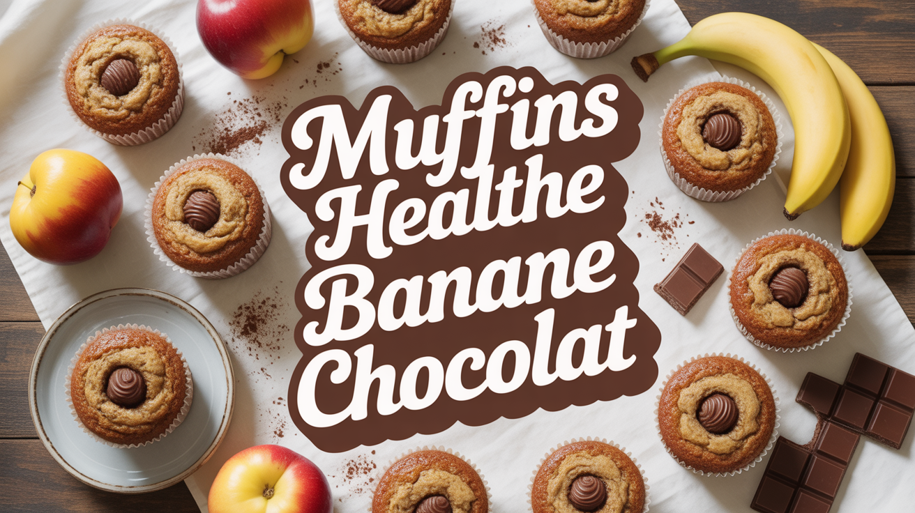 Muffins healthy banane chocolat sur table bois avec fruits et éclats