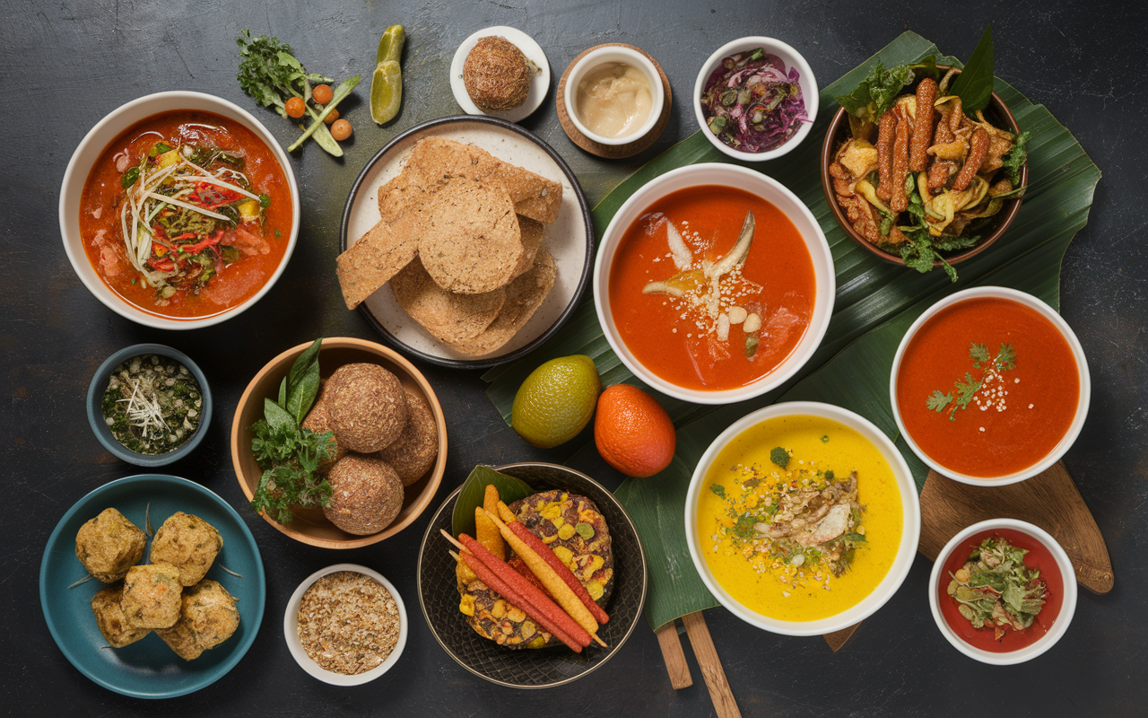 Assortiment plats salés beurre de cacahuète curry soupe nems