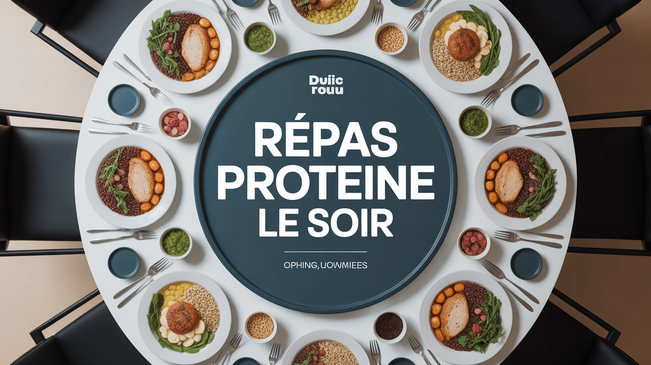 Table ronde avec plats riches en protéines pour le soir