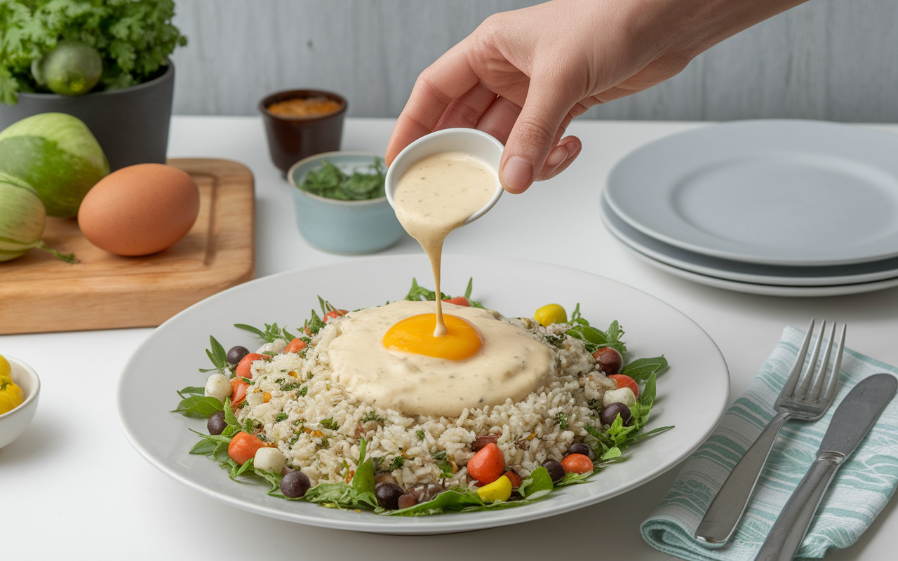 main verse sauce crémeuse salade riz légumes