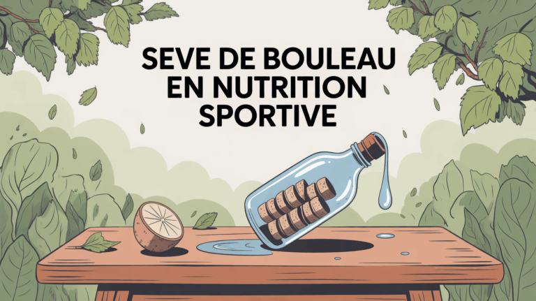 bouteille de seve de bouleau sur table bois, goutte d'eau, titre nutrition sportive
