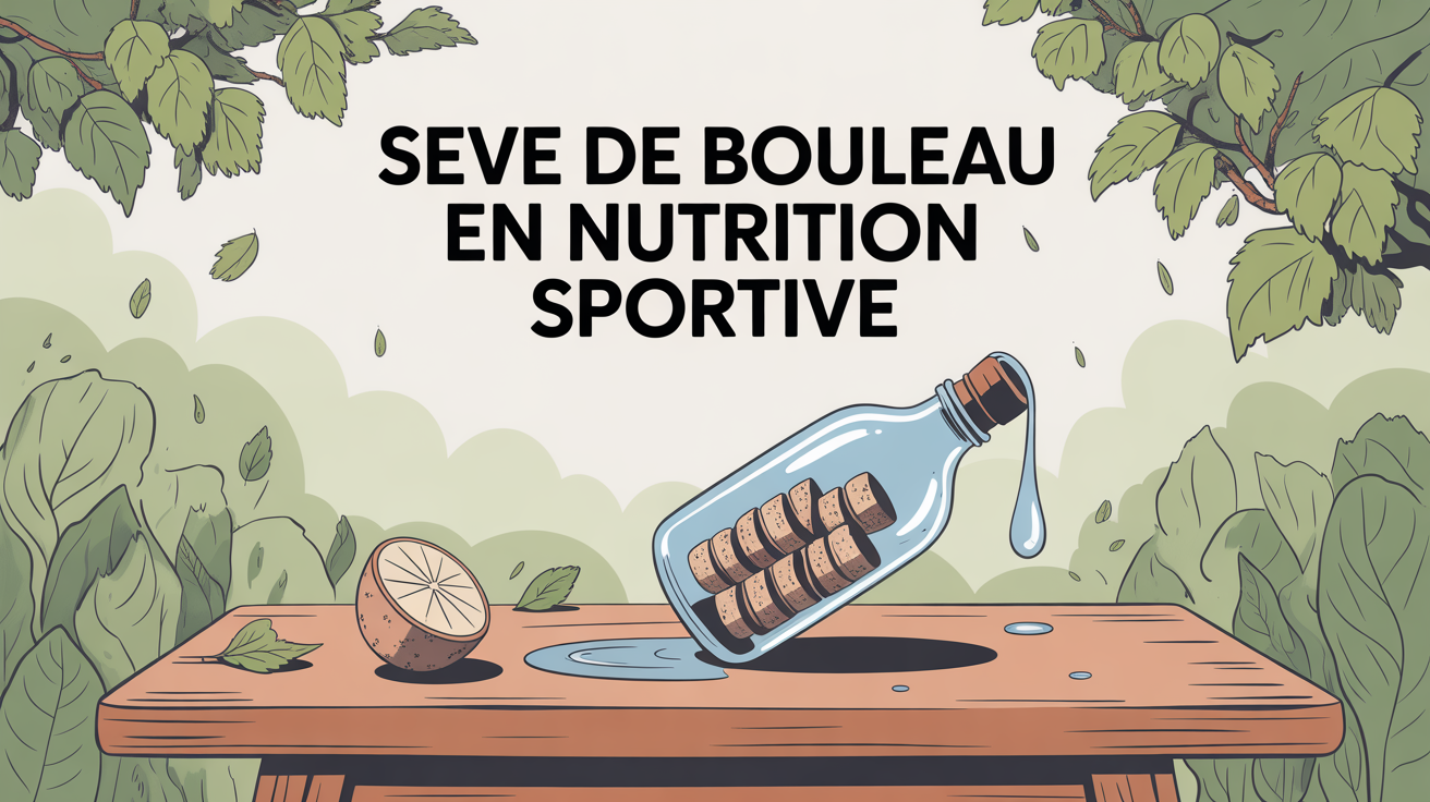 bouteille de seve de bouleau sur table bois, goutte d'eau, titre nutrition sportive