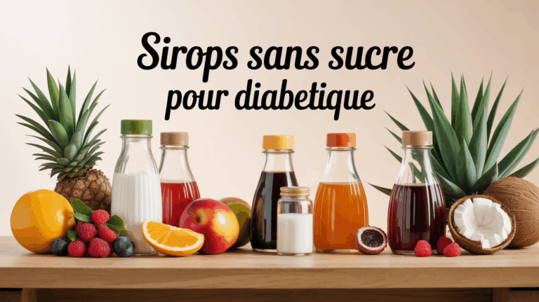 Flacons de sirops sans sucre pour diabétique, fruits sur table