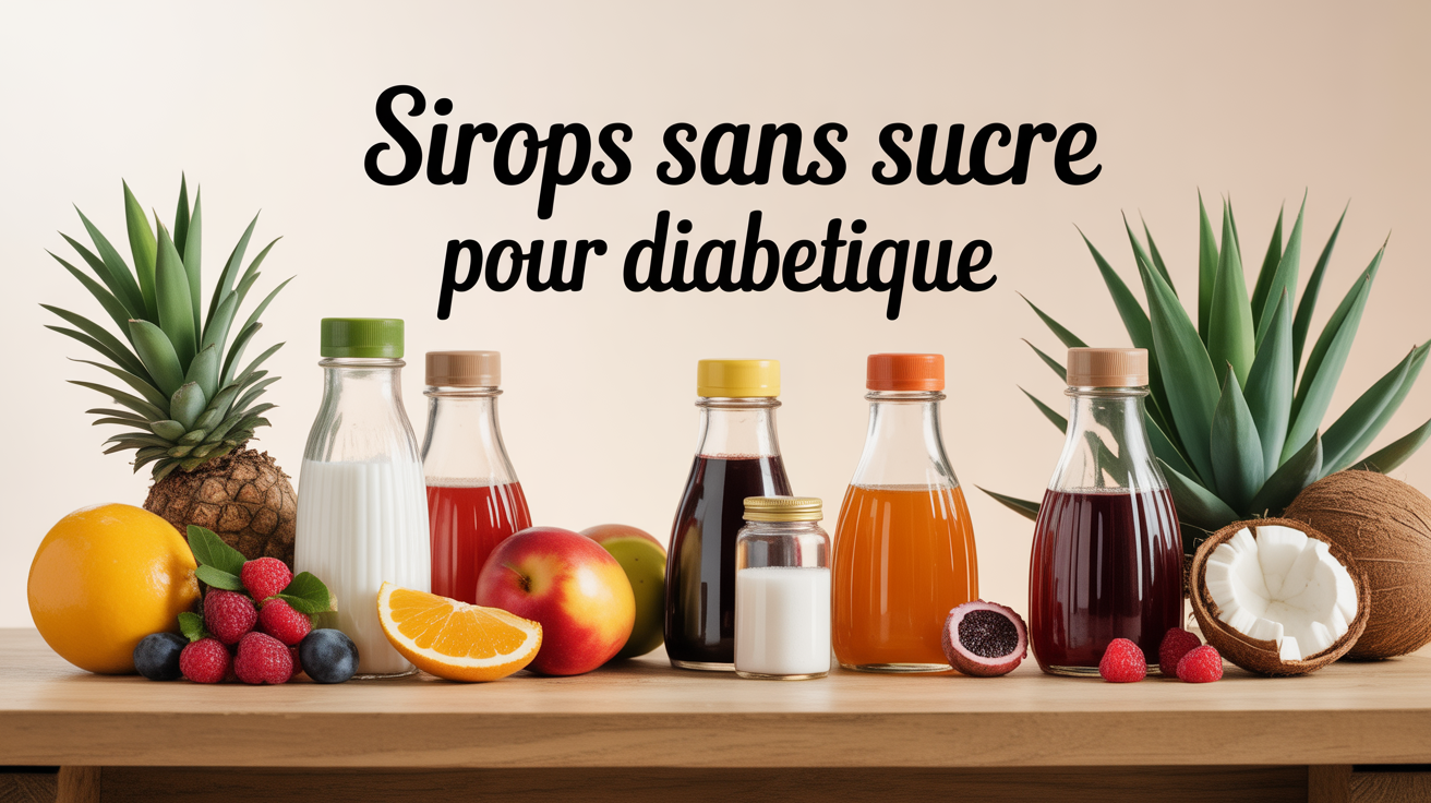 Flacons de sirops sans sucre pour diabétique, fruits sur table