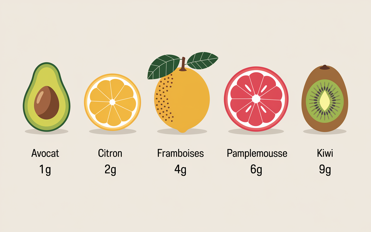 fruits peu sucres alignes avec chiffres