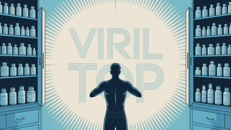 Homme devant armoire médicaments, vitalité lumineuse, Viril Top