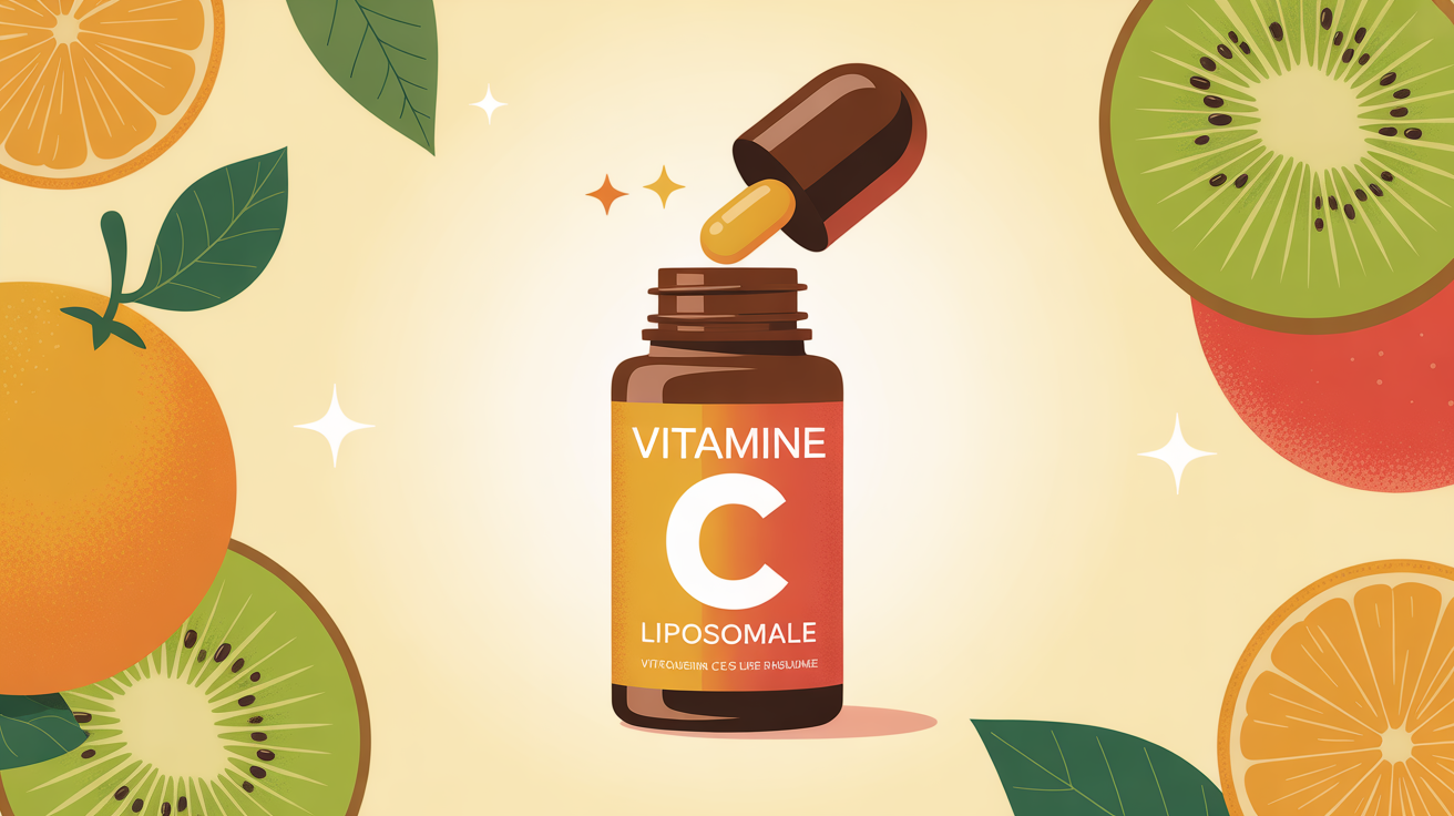 Flacon vitamine C liposomale entouré de fruits, absorption optimisée