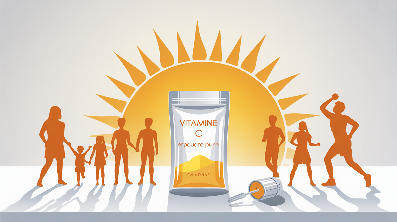 Sachet de vitamine C en poudre pure sur table, famille et sportifs