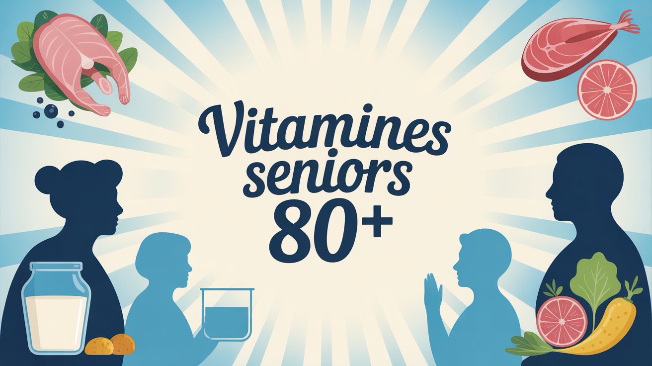 Image informative vitamines seniors 80 plus fond bleu aliments sains