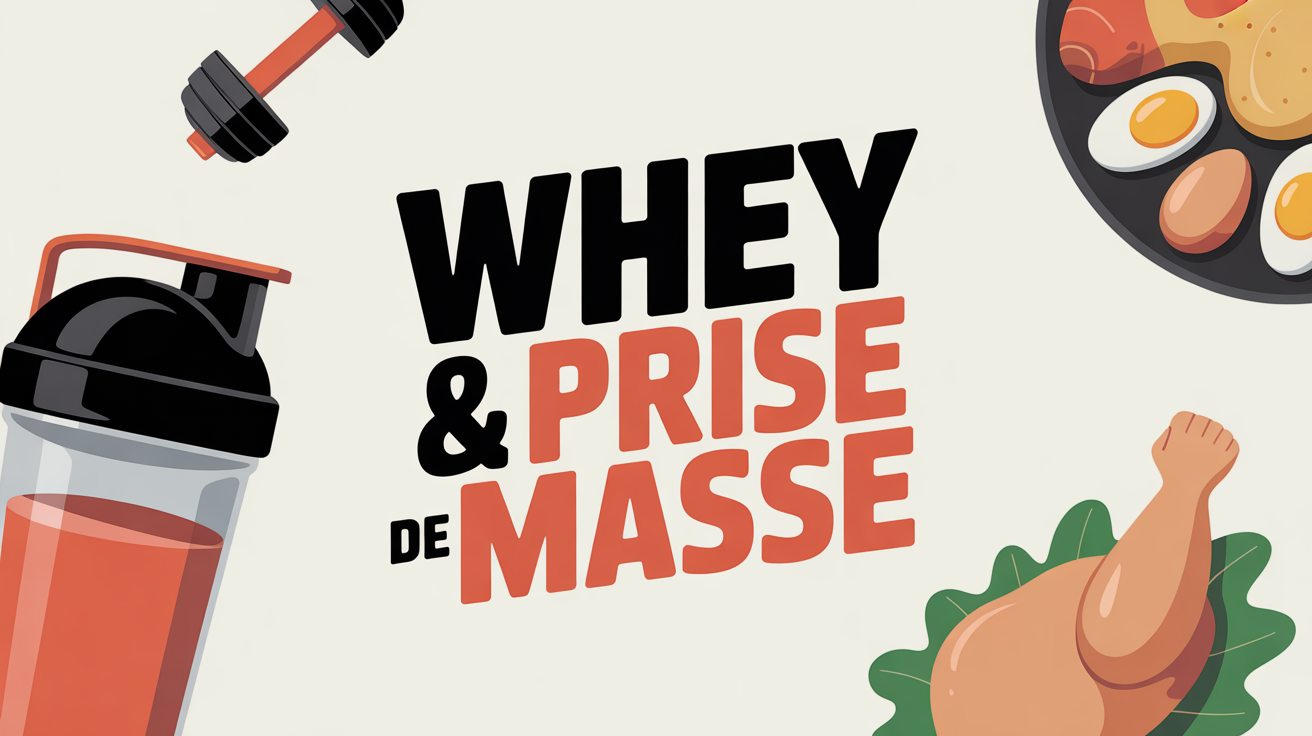 Shaker whey prise de masse avec aliments proteiques et haltères