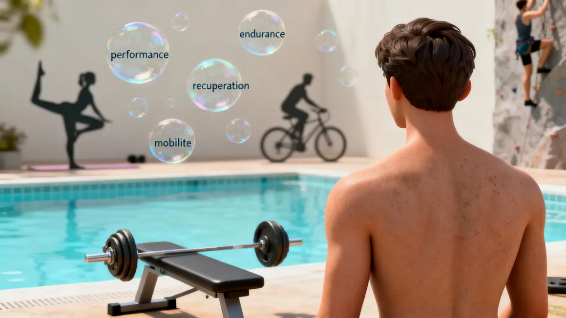 Personne passant musculation, natation, yoga, vélo et escalade