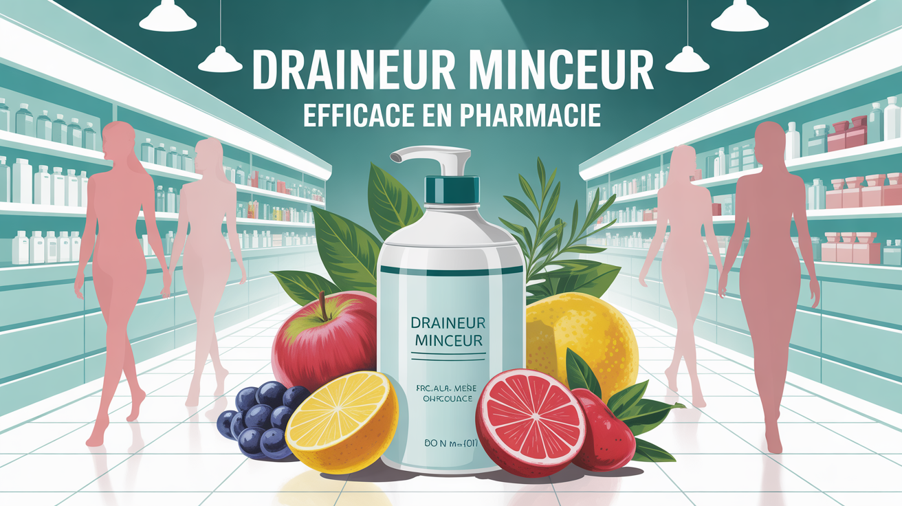bouteille draineur minceur efficace entourée de fruits et plantes detox, pharmacie moderne