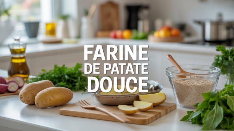 Saladier de farine de patate douce et ingrédients sains sur table