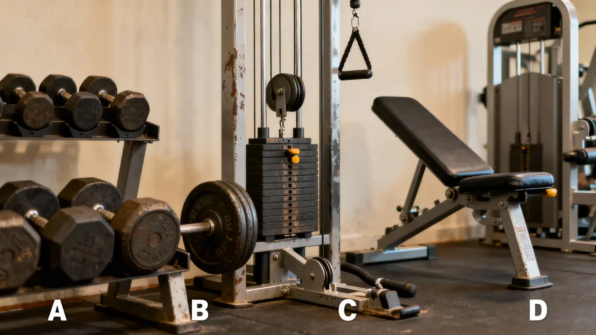 rangée equipements musculation haltere barre poulie machine