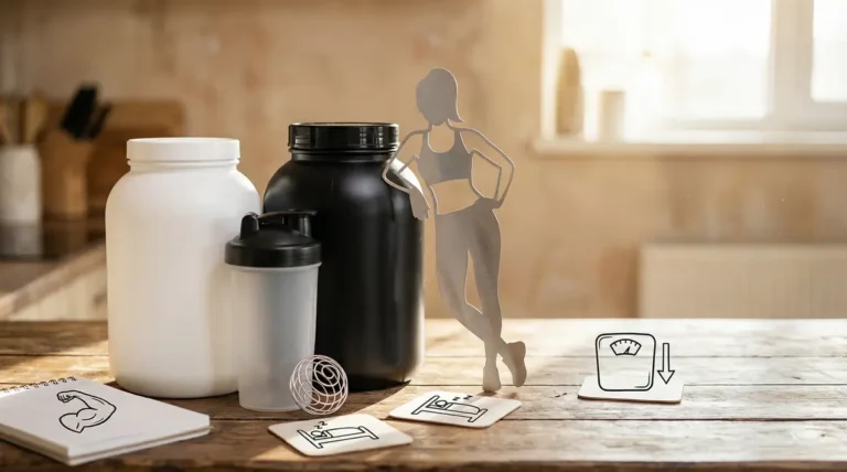visuel pots whey et caseine avec shaker et pictogrammes musculation