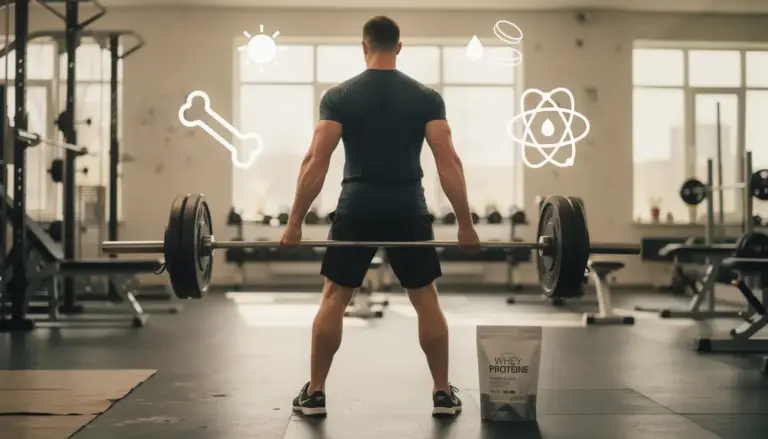 Sportif soulevant barre, pictos os solides, paquet whey, calcium, vitamine D