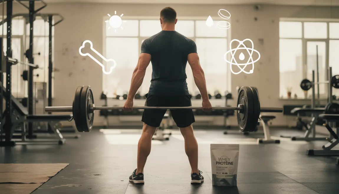 Sportif soulevant barre, pictos os solides, paquet whey, calcium, vitamine D