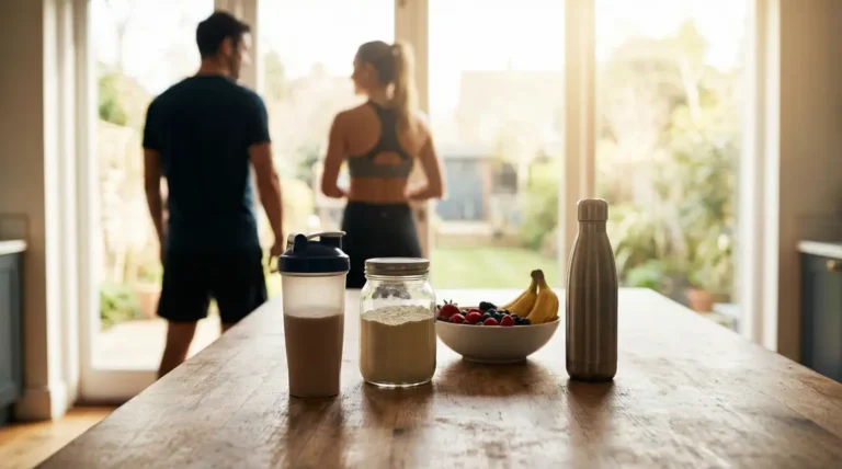 Ambiance sportive shaker whey protein fruits silhouettes
