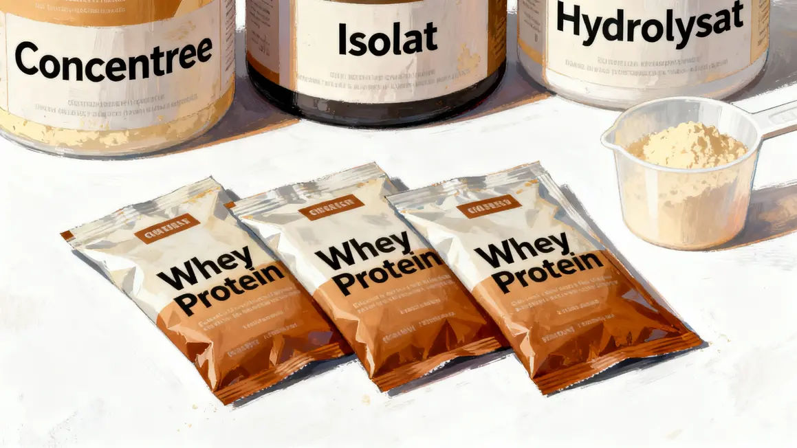 trois types whey proteine sachets etiquettes concentree isolat hydrolysat