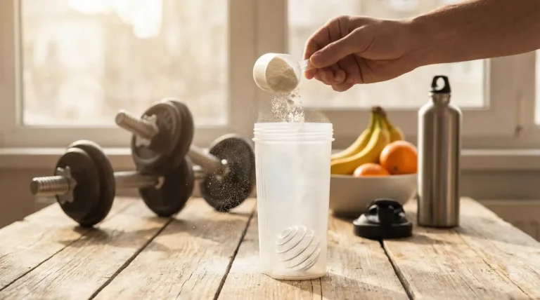 whey proteine poudre dans shaker avec haltères et fruits