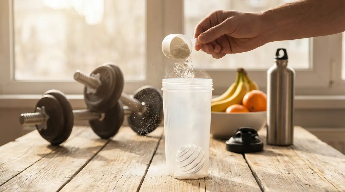 whey proteine poudre dans shaker avec haltères et fruits