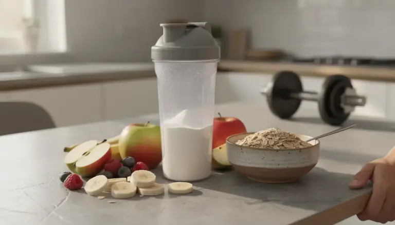 shaker de whey protéine pour perte de poids sur table de cuisine avec haltère