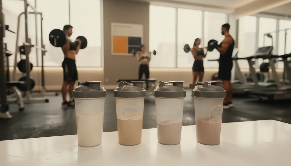 shakers poudre whey sur table salle de sport moderne