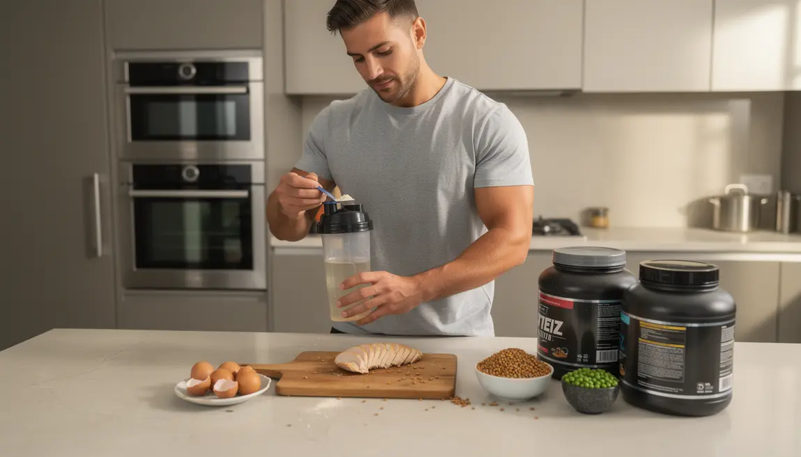 athlète préparant whey protéine vs aliments naturels