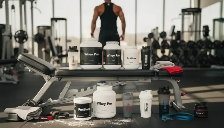 pot de whey protéine et matériel de musculation