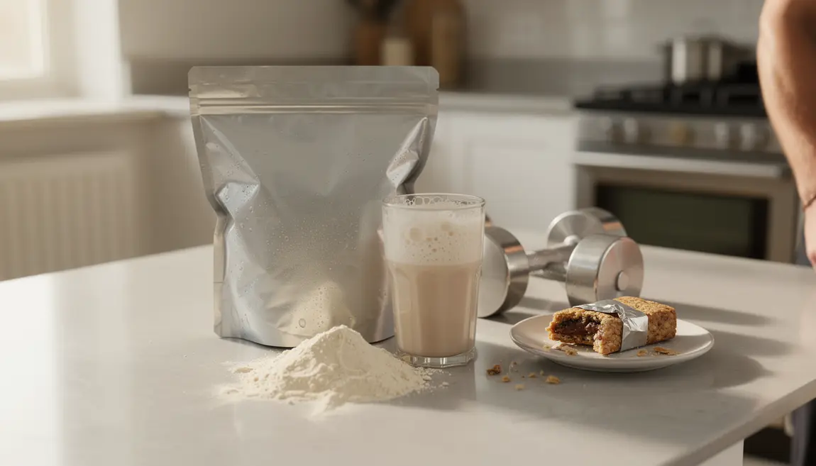 sachet whey proteine, shake et haltères sur table