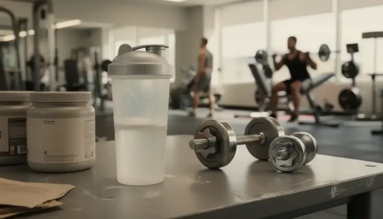 Shaker whey proteine musculation en salle avec haltères