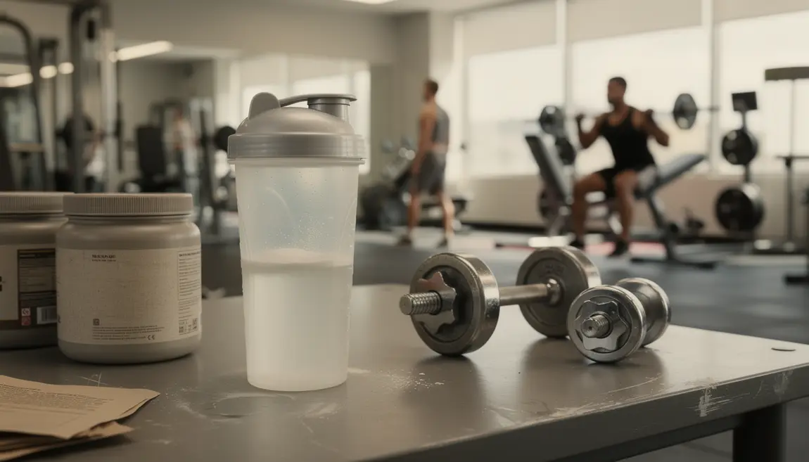 Shaker whey proteine musculation en salle avec haltères