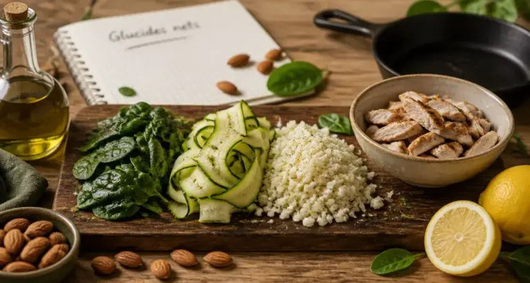 Aliments pauvre en glucide : épinards, courgettes, chou-fleur et poulet low carb