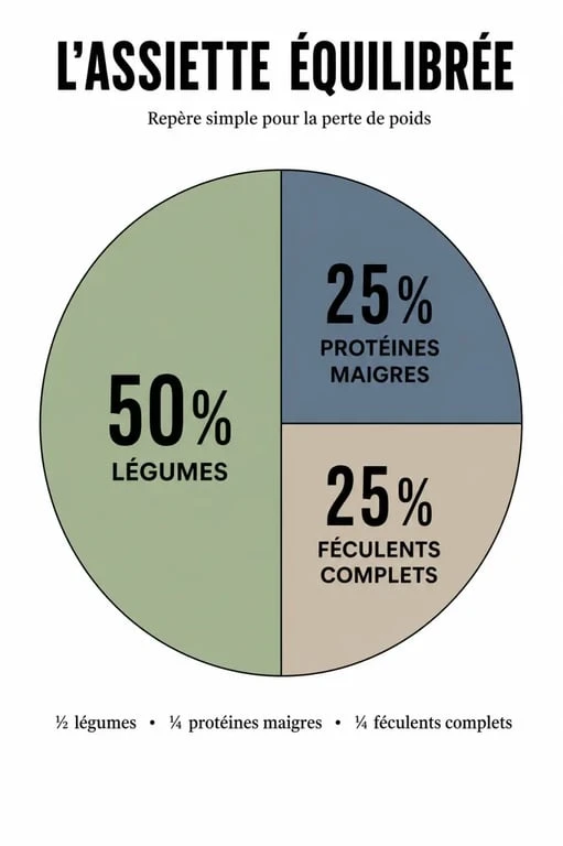 Infographie illustrant la règle de l'assiette équilibrée pour un plan alimentaire pour perte de poids efficace.