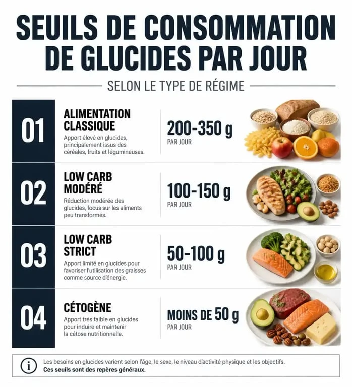 Infographie des seuils de glucides par jour pour une alimentation pauvre en glucide