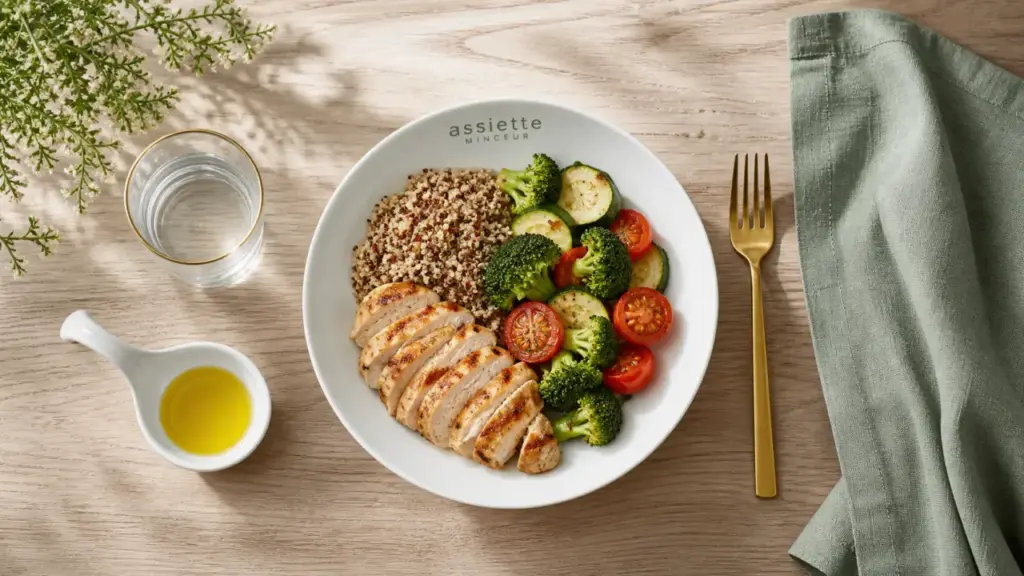 Quoi manger en regime : bol quinoa poulet légumes, protéines fibres bonnes graisses