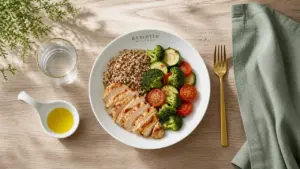 Quoi manger en regime : bol quinoa poulet légumes, protéines fibres bonnes graisses