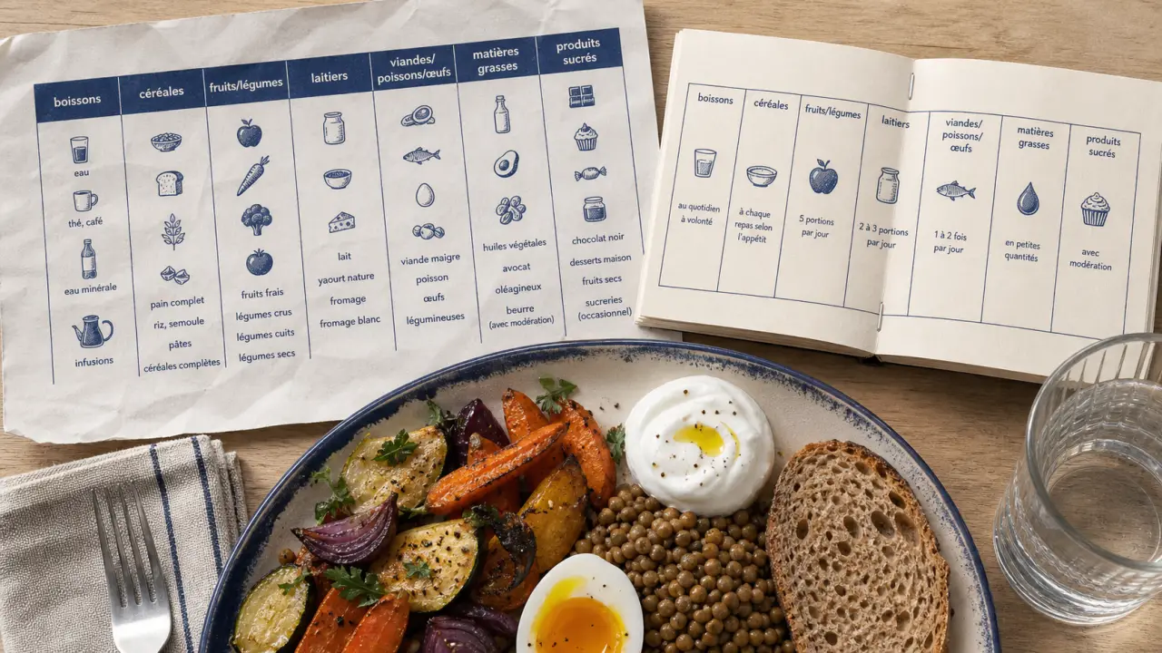 Les 7 groupes d aliments tableau : boissons, céréales, fruits-légumes, laitiers, protéines, matières grasses, produits sucrés