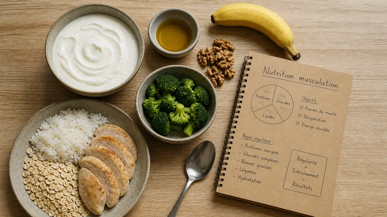 Nutrition pour la musculation : protéines et glucides, bols et poulet, skyr