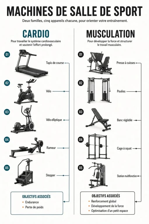 Infographie des machines de salle de sport selon les objectifs cardio, musculation, force et gain de place