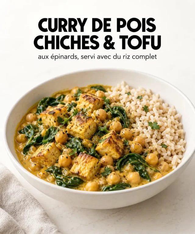 Repas riche en proteine avec curry de pois chiches, tofu, épinards et riz complet